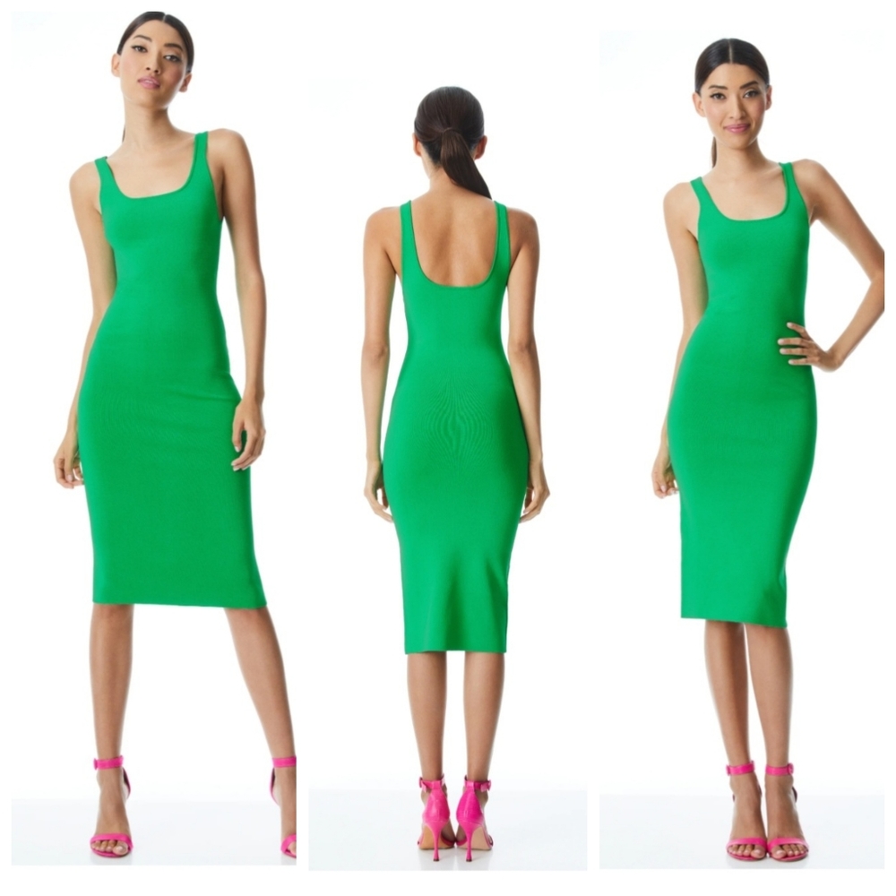 Alice + Olivia Darian green stretch-knit midi dress Size Large NWOT - Picture 2 of 16